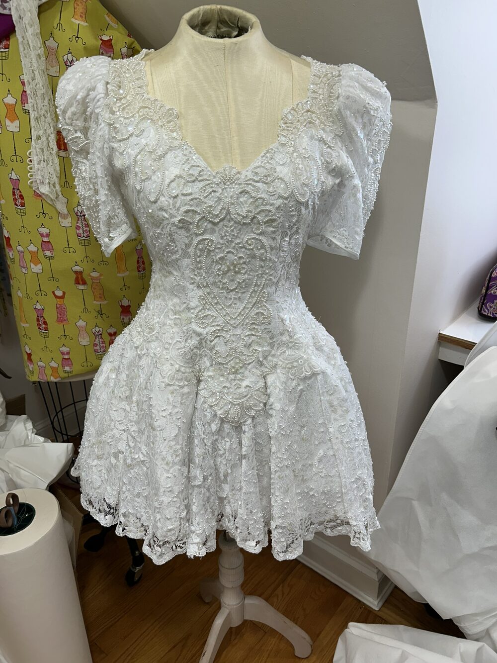 Heirloom beaded gown being restyled on a dress form in the SewOlsen studio